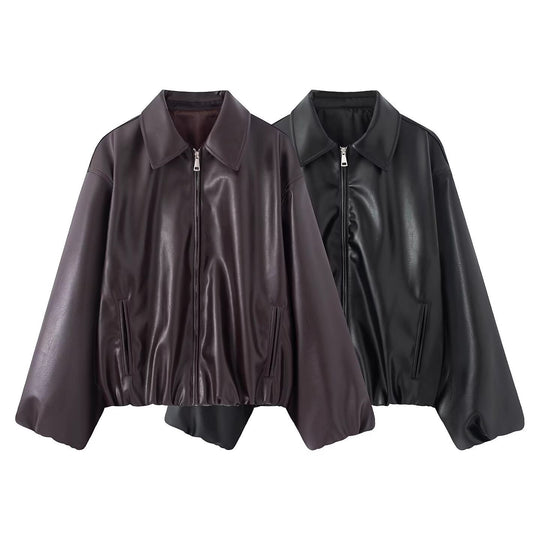 Damen Oversize Kunstleder Blouson mit Reißverschluss und elastischem Saum Nord Taschen