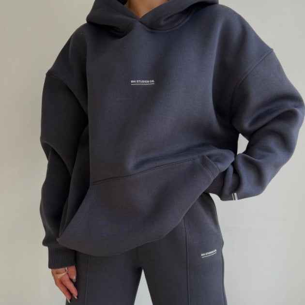 Damen Set Schwere French‑Terry Oversize‑Kapuzenpullover mit Kängurutasche und Slim‑Jogginghose Nord Taschen