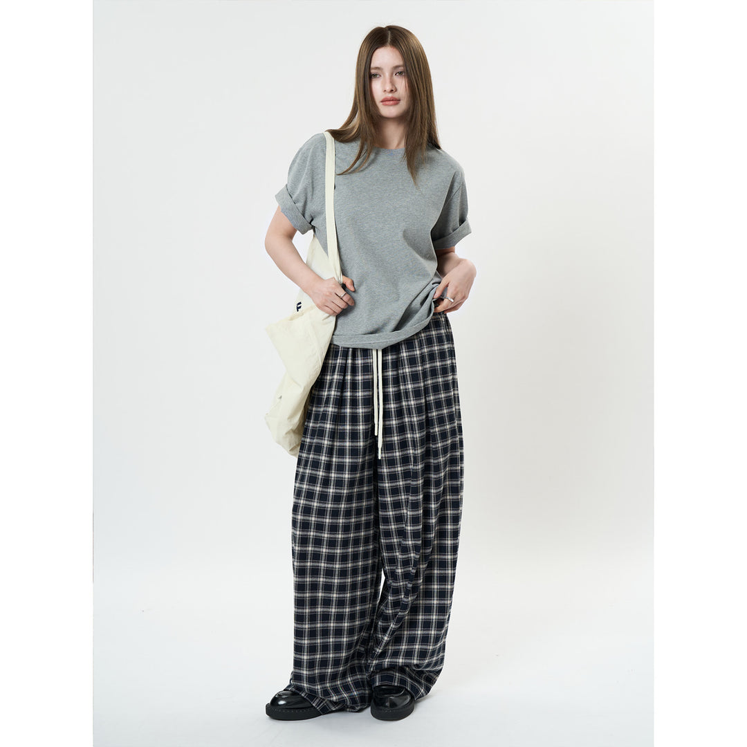 Damen Weite Karierte High-Waist Baggy-Hose mit Tunnelzug Nord Taschen