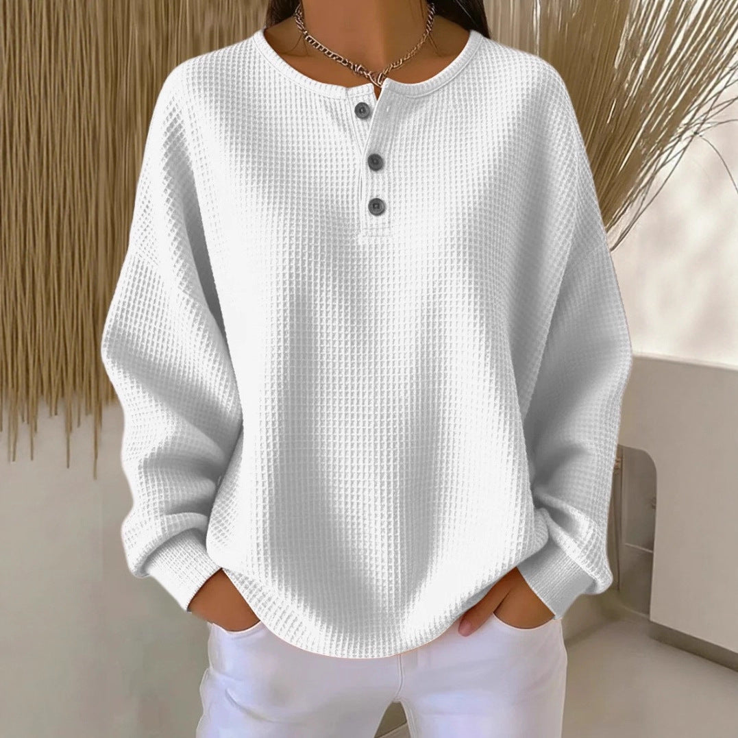 Damen Oversize Waffelstrick-Henleyshirt mit Knopfleiste und Rundhalsausschnitt Nord Taschen