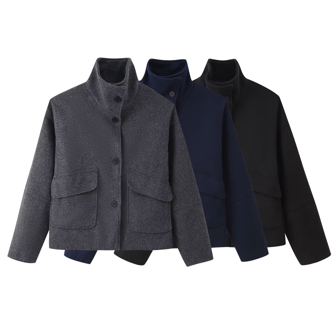Damen Kastige Kurzjacke aus Wollmix mit Stehkragen und aufgesetzten Pattentaschen Nord Taschen