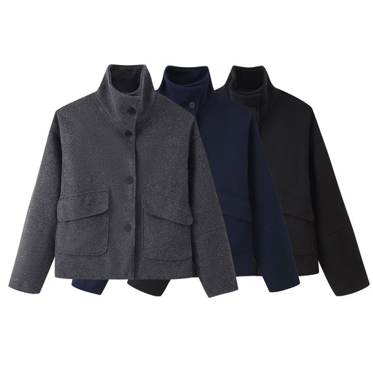 Damen Kastige Kurzjacke aus Wollmix mit Stehkragen und aufgesetzten Pattentaschen Nord Taschen