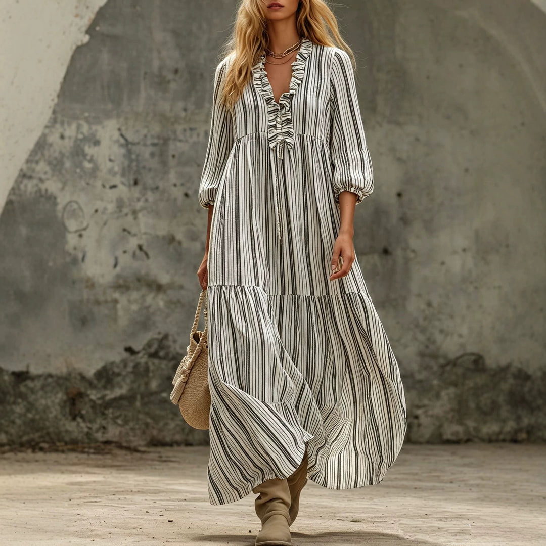 Damen Maxikleid mit Rüschen-V-Ausschnitt und Ballonärmeln Nord Taschen
