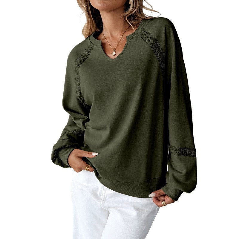 Damen Sweatshirt mit Spitzen-Einsätzen, V‑Kerbe und Ballonärmeln Nord Taschen