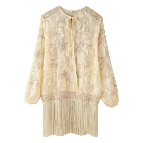 Damen Transparente Stick-Spitzenbluse mit Bindeschleife, Häkelkante und Fransensaum Nord Taschen