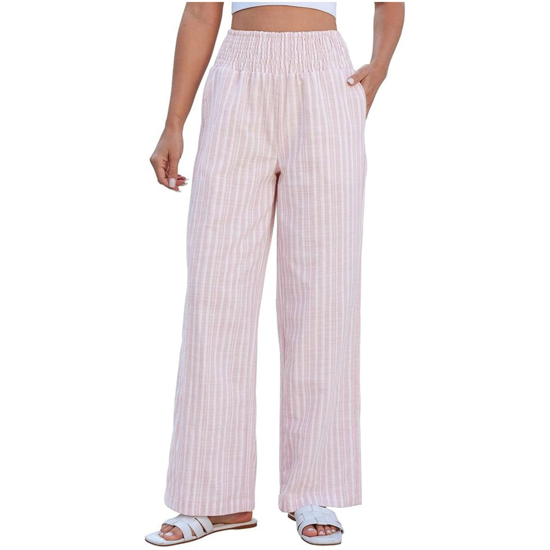 Damen Leichte Leinenhose mit weitem Bein, hoch geschnittener geraffter Gummibund und Seitentaschen Nord Taschen