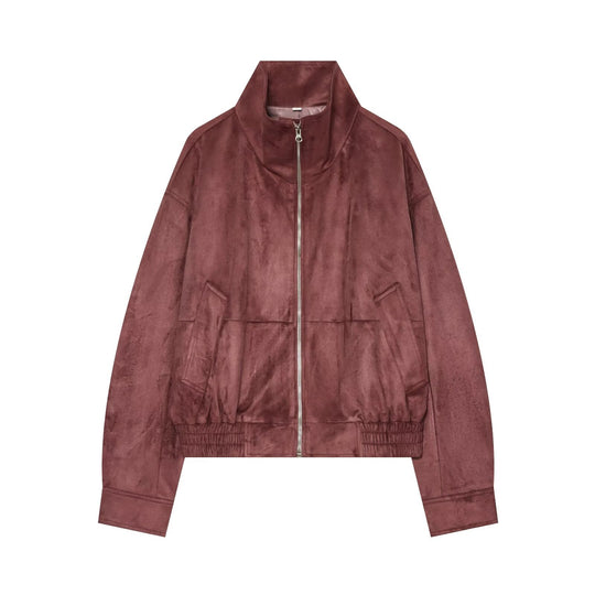 Damen kurze Veloursleder-Optik Bomberjacke mit Stehkragen und elastischem Saum Nord Taschen