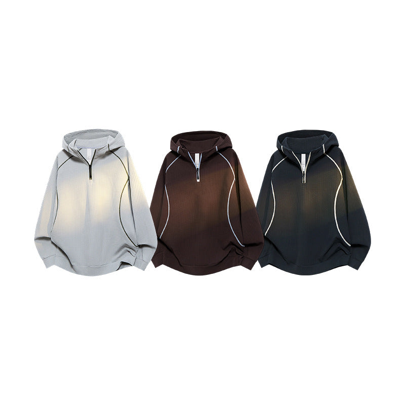 Unisex Oversize Waffelstruktur-Halbzip-Hoodie mit Raglanärmeln und Kontrastpaspeln Nord Taschen
