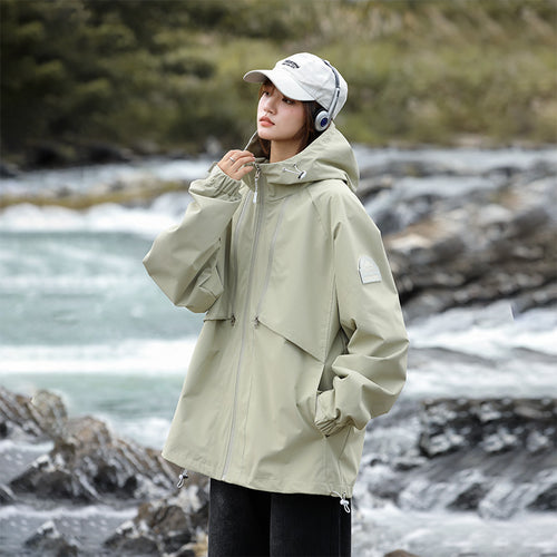 Damen Leichte Wasserabweisende Oversized Funktions-Outdoorjacke mit Kapuze Nord Taschen