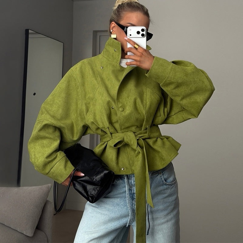 Damen Taillierte Kurzjacke in Velourslederoptik mit weitem Ärmel und Bindegürtel Nord Taschen