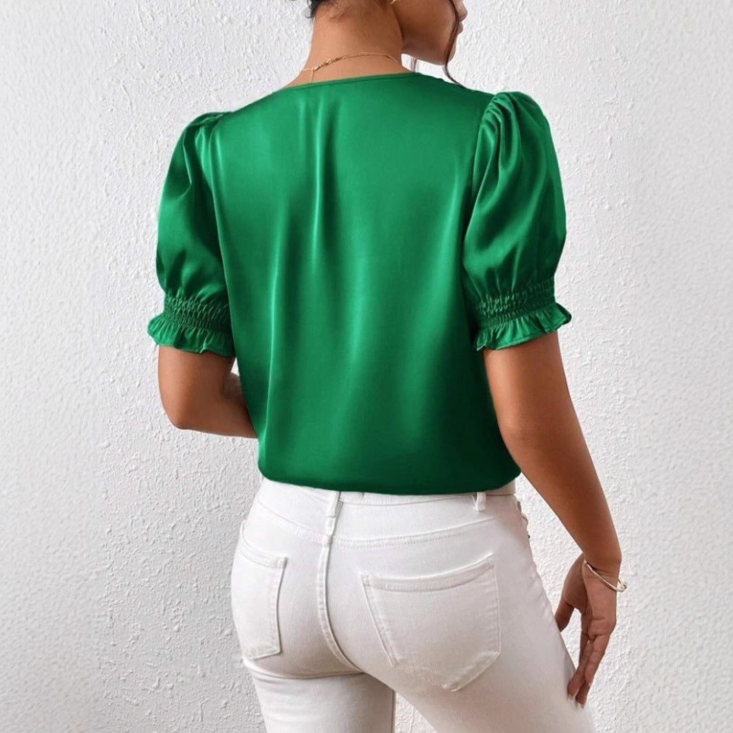 Damen Satinbluse mit Puffärmeln und eleganter Knopfleiste