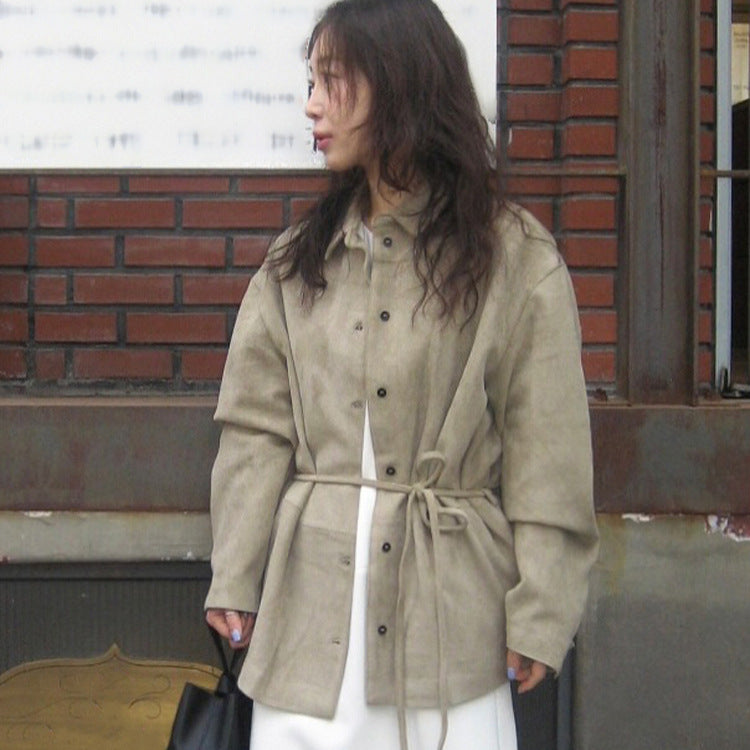 Damen Oversize Velourslederoptik-Utility-Jacke mit Tunnelzugtaillierung Nord Taschen