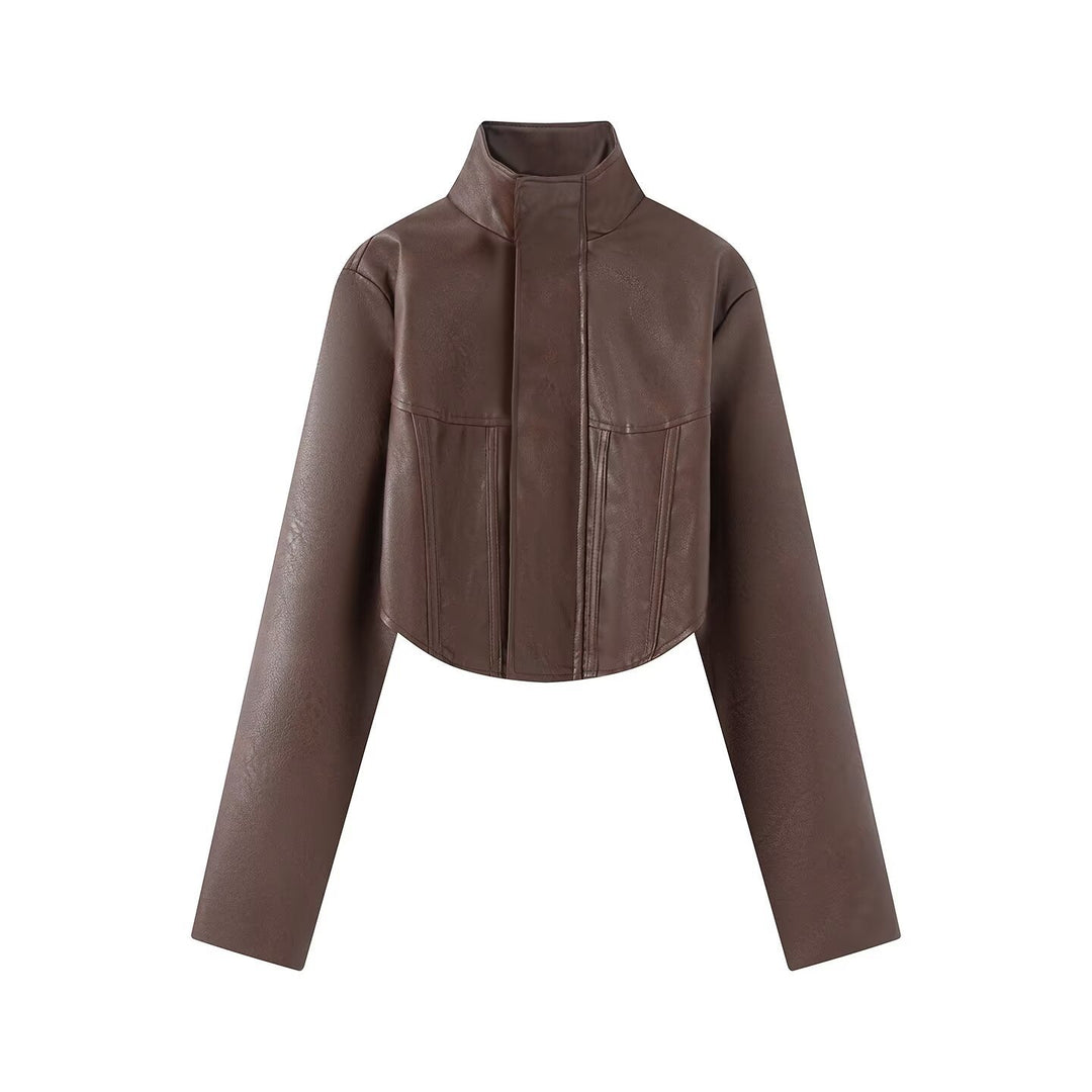 Damen Gekürzte Kunstleder-Jacke mit Stehkragen und taillierten Teilungsnähten Nord Taschen