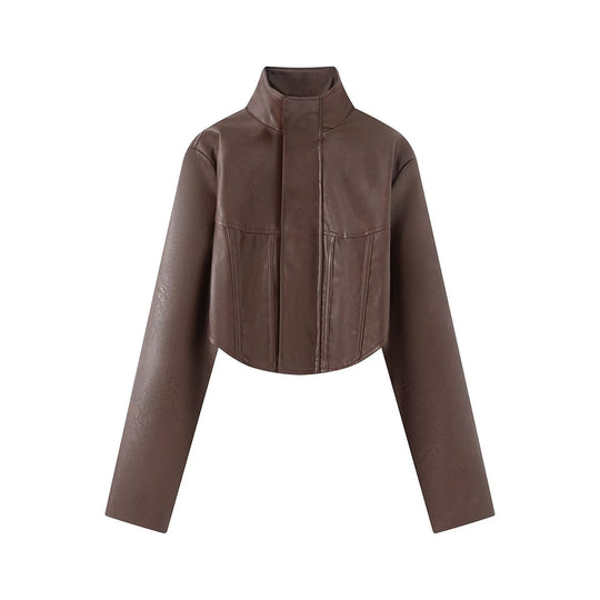 Damen Gekürzte Kunstleder-Jacke mit Stehkragen und taillierten Teilungsnähten Nord Taschen