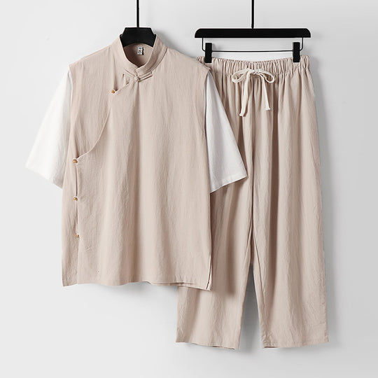 Herren Asymmetrisches Kimono-Loungewear-Set mit Stehkragen und Kordelhose Nord Taschen