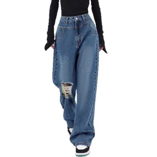 Damen hochtaillierte Oversized-Baggy-Jeans mit Knie-Rip und weitem Bein Nord Taschen