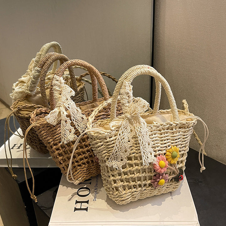 Damen handgefertigte Basttasche mit buntem Floraldesign Nord Taschen