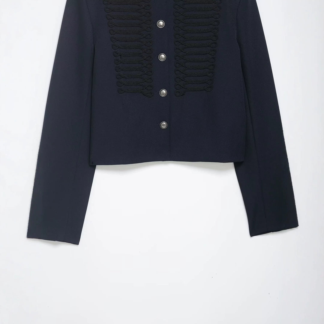 Damen Kurze Military Jacke mit Stehkragen, Zierkordeln und Metallknopfleiste Nord Taschen