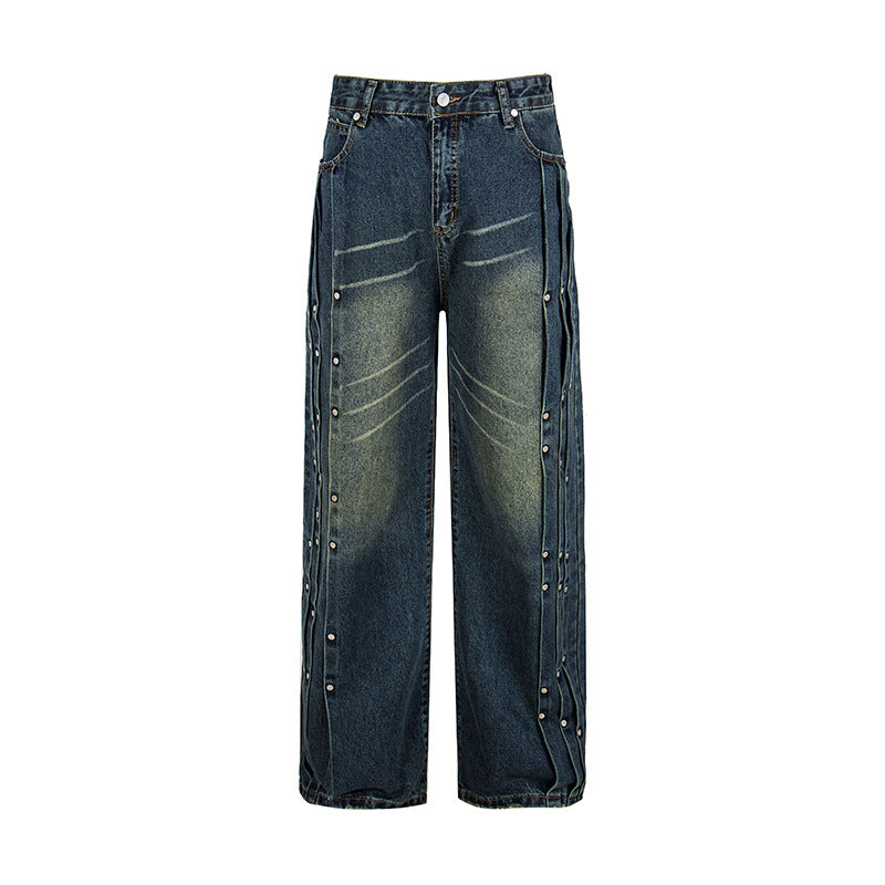 Damen Weite Denim-Jeans mit Druckknopf-Seitenleisten, hoher Taille und Used-Waschung Nord Taschen