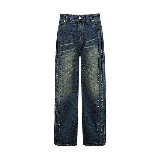 Damen Weite Denim-Jeans mit Druckknopf-Seitenleisten, hoher Taille und Used-Waschung Nord Taschen