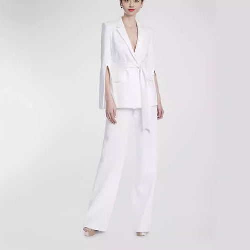 Damen Taillierter Cape-Blazer mit Bindegürtel und weiten Palazzohosen Nord Taschen