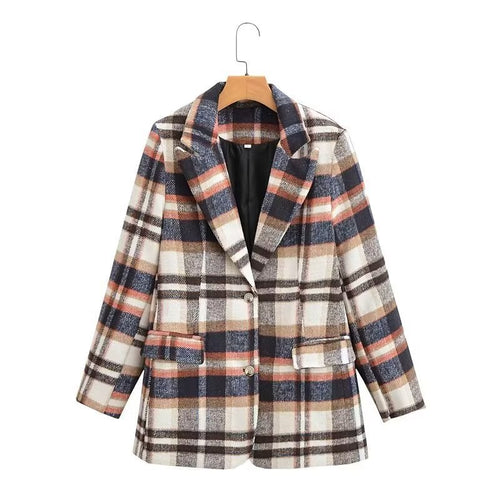 Damen Karierter Wollmix-Einreiher Blazer mit Reverskragen und Pattentaschen Nord Taschen