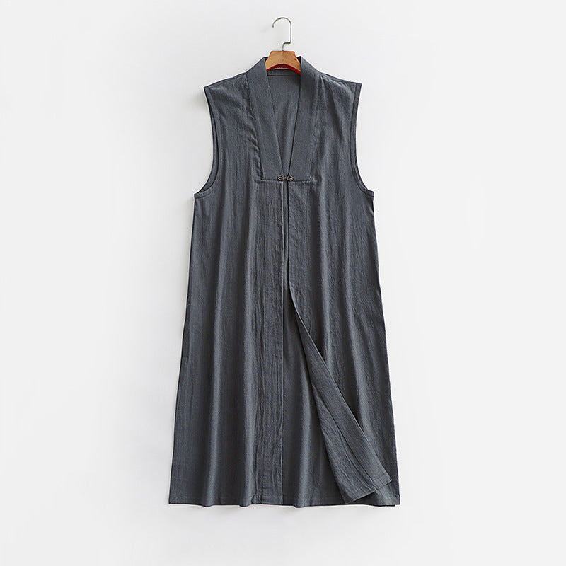 Damen Langer ärmelloser Kimono-Weste aus Leinenmix mit schmaler Schalkante und dekorativem Knebelverschluss Nord Taschen
