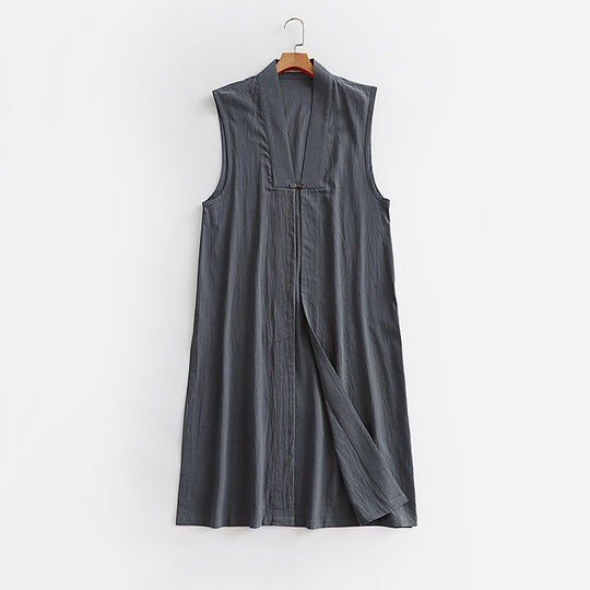 Damen Langer ärmelloser Kimono-Weste aus Leinenmix mit schmaler Schalkante und dekorativem Knebelverschluss Nord Taschen