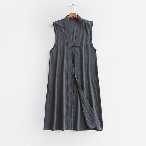 Damen Langer ärmelloser Kimono-Weste aus Leinenmix mit schmaler Schalkante und dekorativem Knebelverschluss Nord Taschen