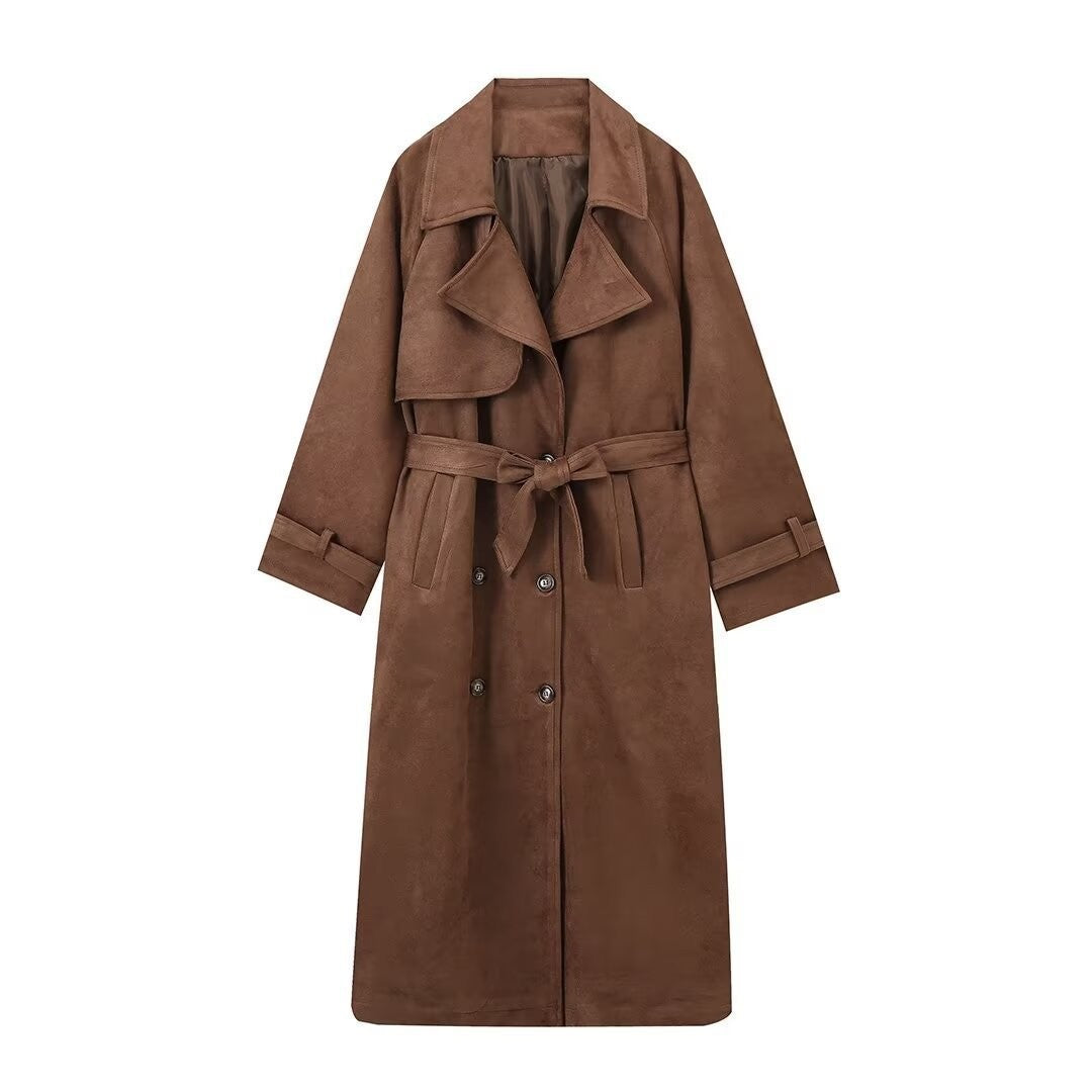 Damen langer Wildleder-Trenchcoat mit Taillengürtel Nord Taschen