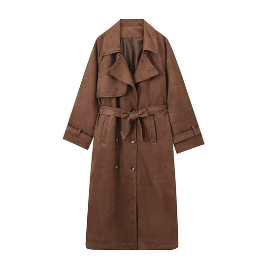 Damen langer Wildleder-Trenchcoat mit Taillengürtel Nord Taschen