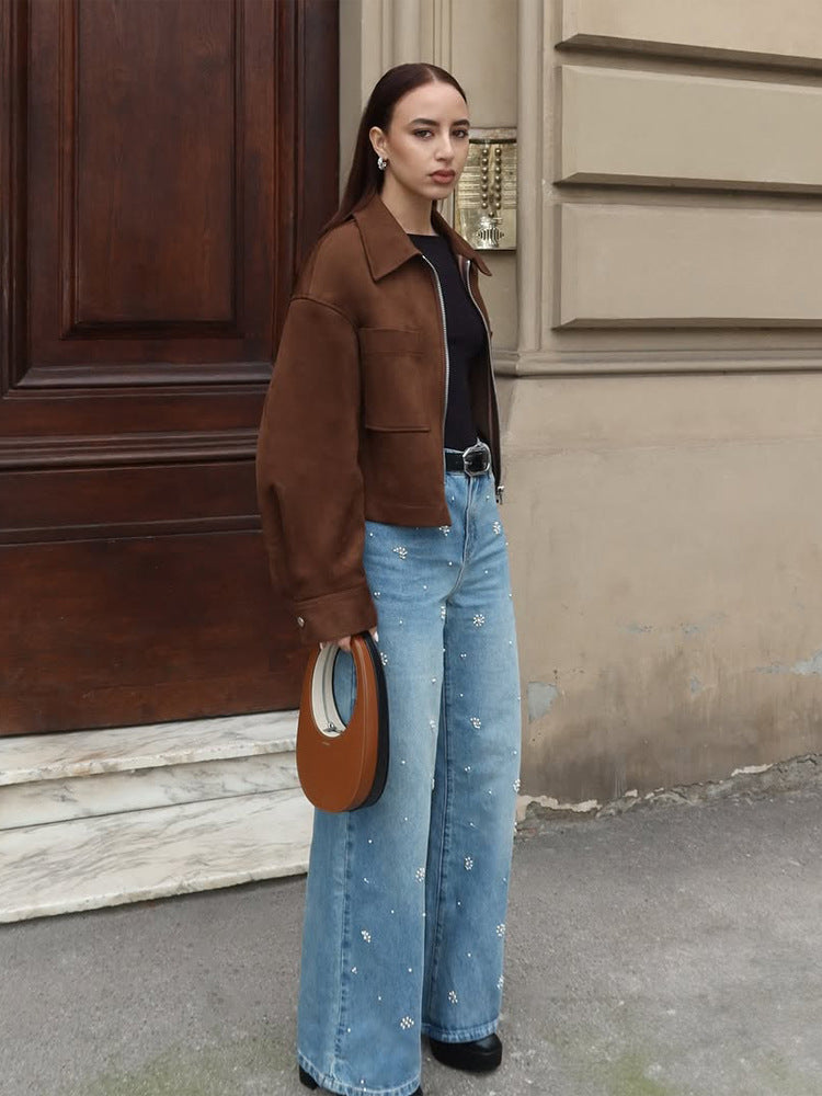 Damen Kurze Veloursleder‑Optik Jacke mit Reißverschluss und Oversize‑Ärmeln Nord Taschen