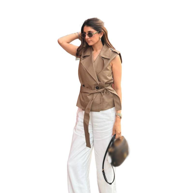 Damen Ärmellose taillierte Trench‑Weste mit Bindegürtel & Schulterpatten Nord Taschen