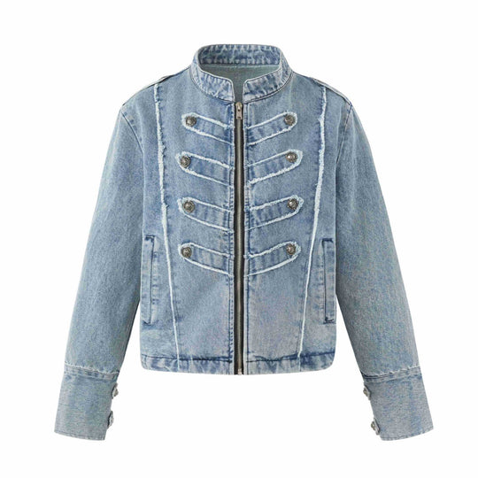 Damen Denim‑Blouson im Military‑Look mit Stehkragen und Zierknopfleiste Nord Taschen