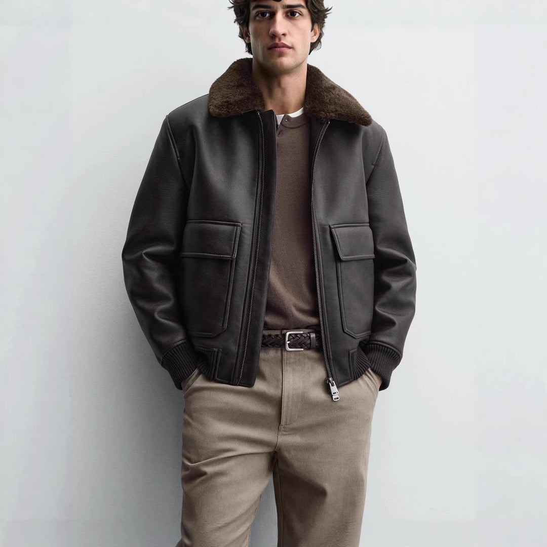 Herren Lederblouson mit kuscheligem Lammfellkragen Nord Taschen