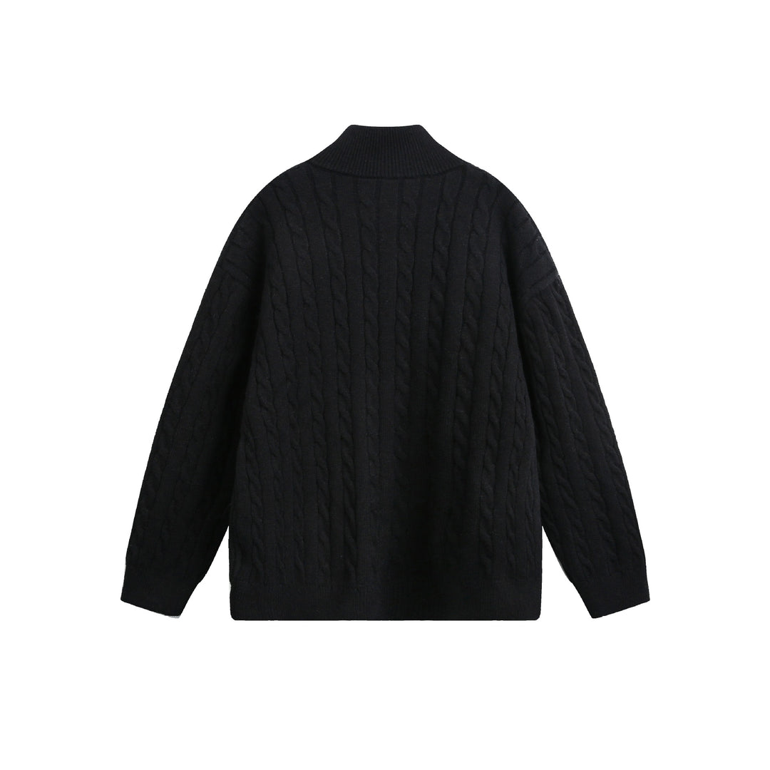 Unisex Grobstrick-Pullover mit Zopfmuster, hohem Stehkragen und Zwei-Wege-Reißverschluss Nord Taschen