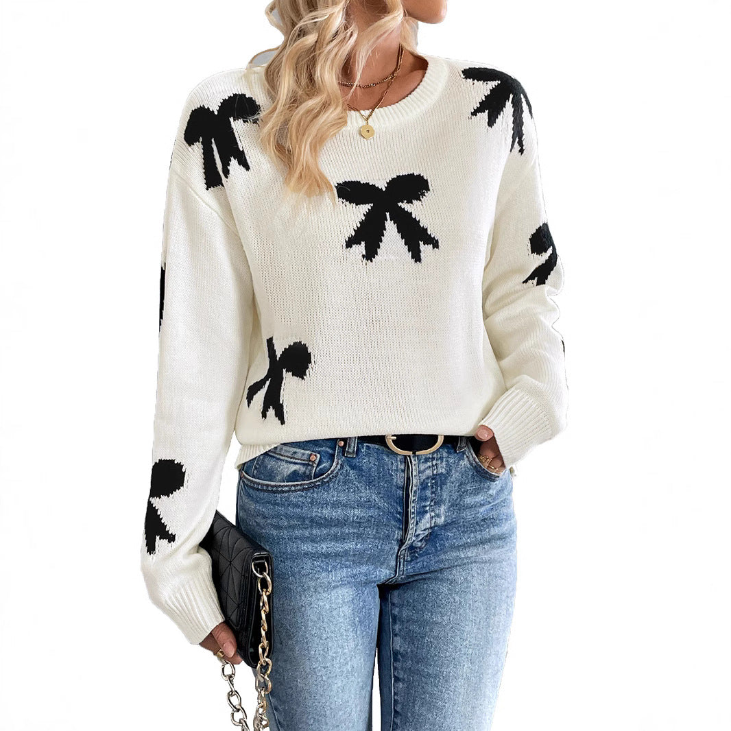 Damen Gestrickter Rundhals-Pullover mit Schleifen-Jacquard und relaxed Fit Nord Taschen
