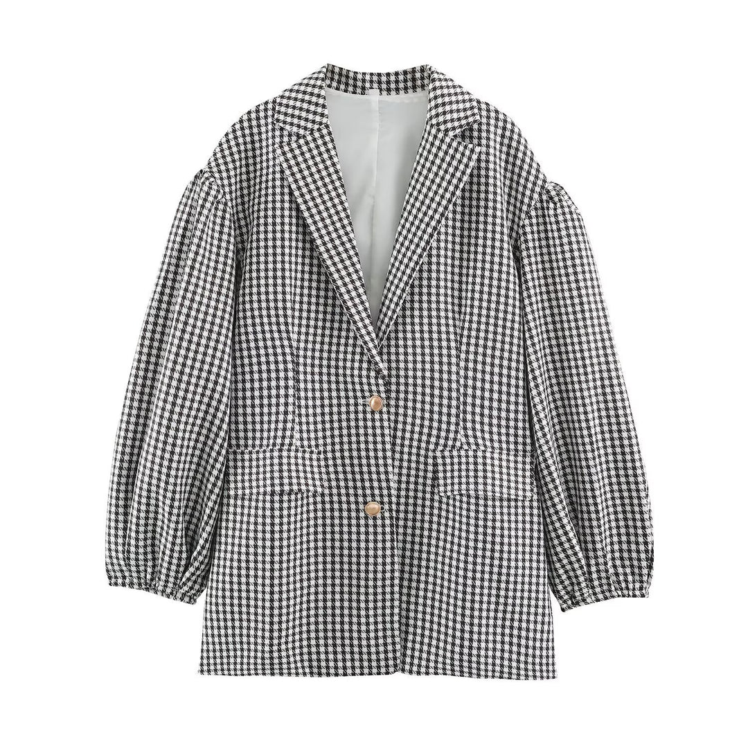 Damen Oversize-Blazer im Hahnentritt‑Muster mit Ballonärmeln und Pattentaschen Nord Taschen