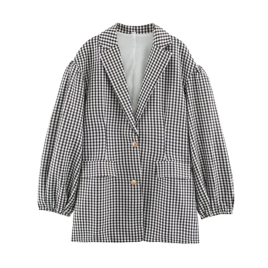 Damen Oversize-Blazer im Hahnentritt‑Muster mit Ballonärmeln und Pattentaschen Nord Taschen