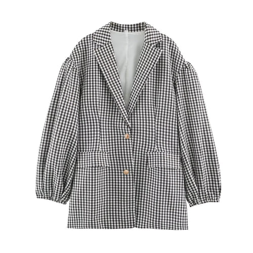 Damen Oversize-Blazer im Hahnentritt‑Muster mit Ballonärmeln und Pattentaschen Nord Taschen