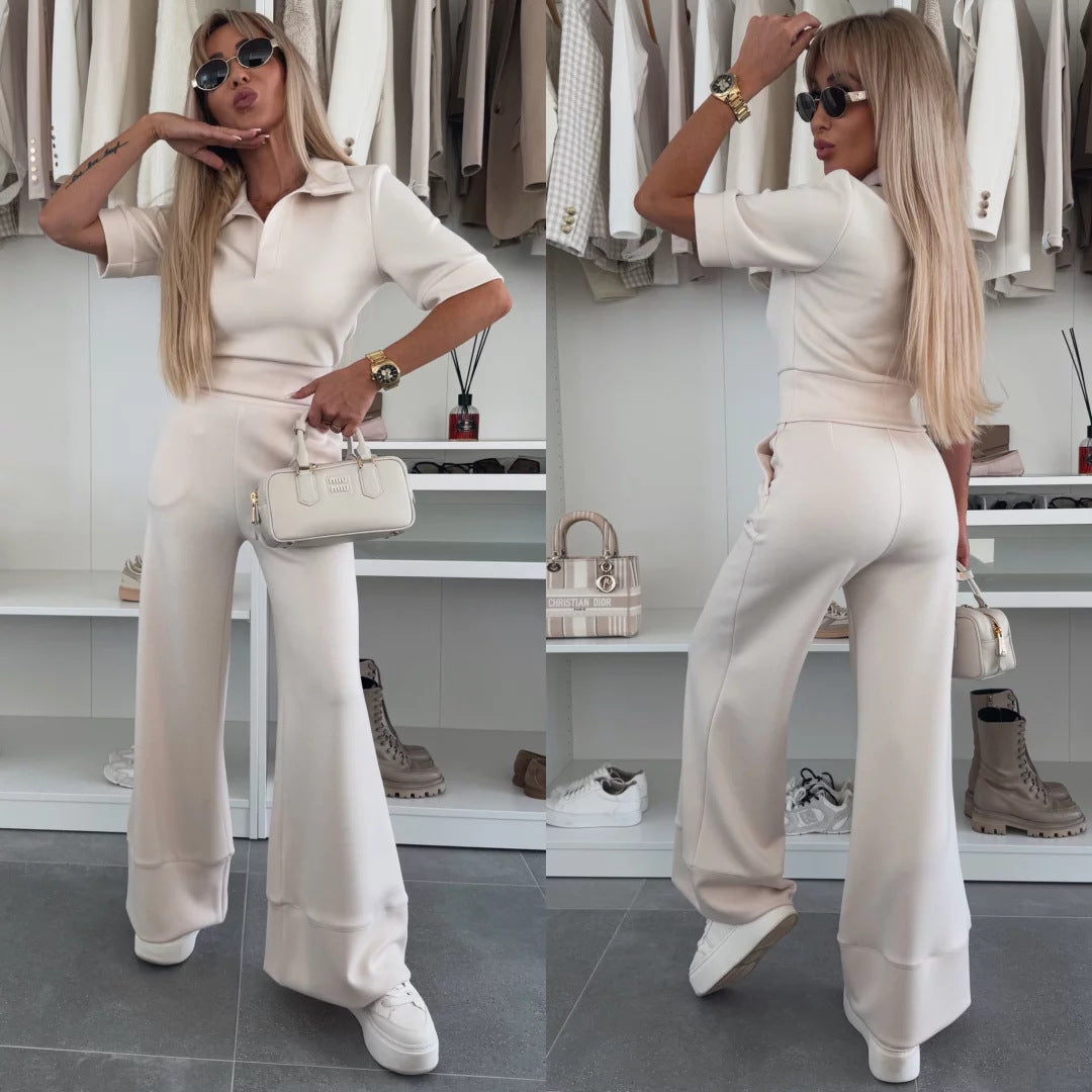 Damen figurnahes Cropped-Poloshirt und hochgeschnittene Wide‑Leg Hose Zweiteiler aus weichem Scuba-Jersey Nord Taschen