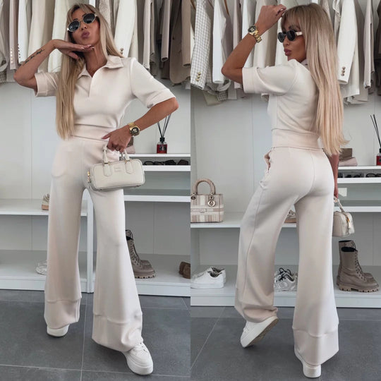 Damen figurnahes Cropped-Poloshirt und hochgeschnittene Wide‑Leg Hose Zweiteiler aus weichem Scuba-Jersey Nord Taschen