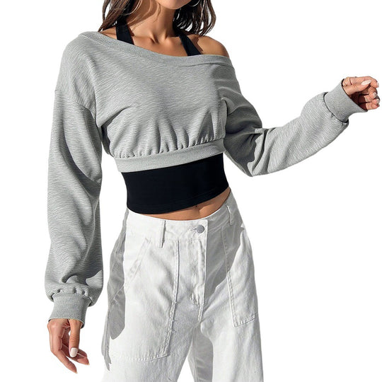 Damen cropped Sweatshirt mit weitem Carmen‑Ausschnitt, ballonärmeln und gerafftem Bund Nord Taschen