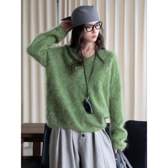 Damen Weicher Fluffy V‑Ausschnitt Pullover mit lockerer Silhouette Nord Taschen