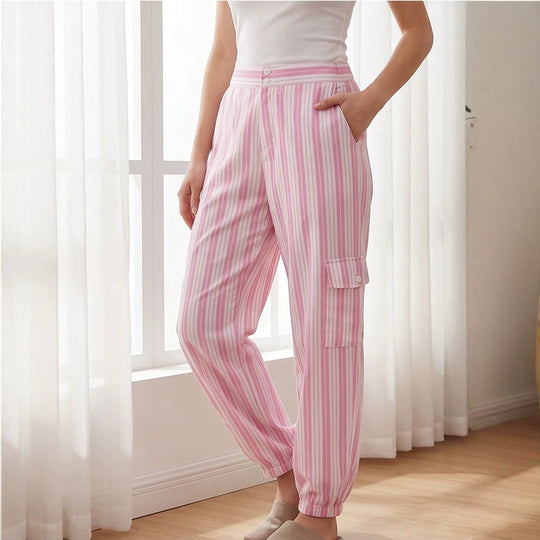 Damen Gestreifte Cargo-Loungehose mit hohem Bund, elastischem Knöchelabschluss und Pattentaschen Nord Taschen