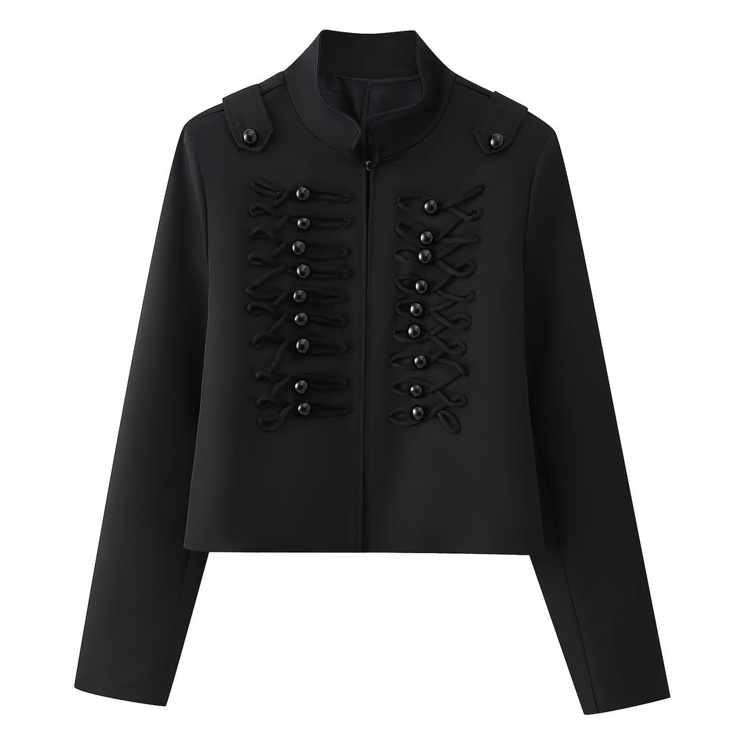 Damen Kurze uniforminspirierte Jacke mit Stehkragen und dekorativen Kordel‑Applikationen Nord Taschen