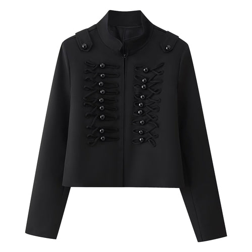 Damen Kurze uniforminspirierte Jacke mit Stehkragen und dekorativen Kordel‑Applikationen Nord Taschen