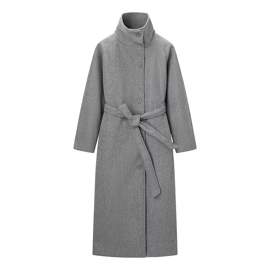 Damen Langmantel mit Bindegürtel und hohem Stehkragen aus Wollmix Nord Taschen