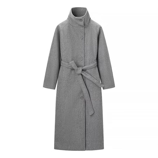 Damen Langmantel mit Bindegürtel und hohem Stehkragen aus Wollmix Nord Taschen