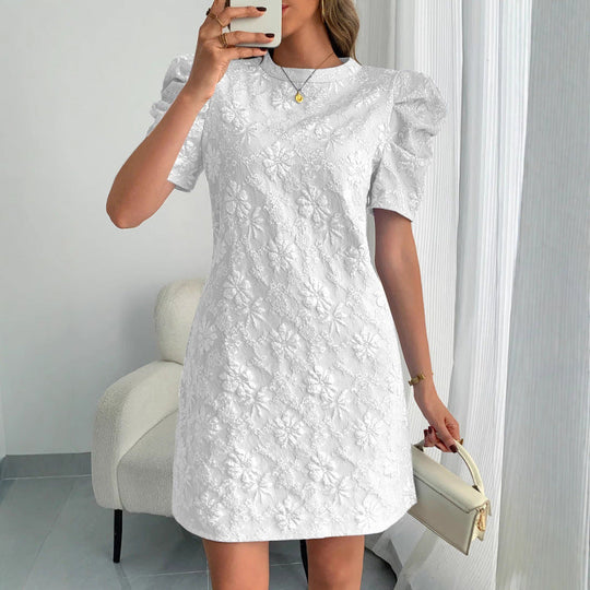 Damen Kurzarmkleid mit voluminiösen Ärmeln und floralen Stickereien